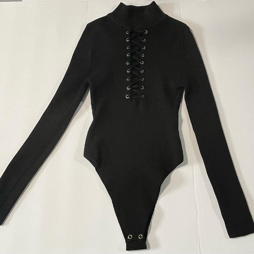 Black Lace-Up Long Sleeve Bodysuit